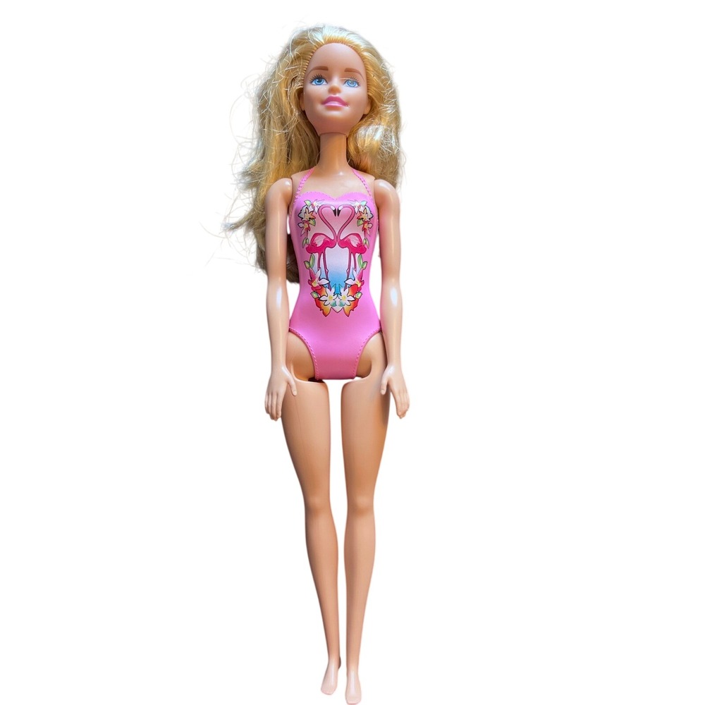 Barbie Water Play Beach Doll Mattel Pink Flamingo Molded Swimsuit Blonde 2015